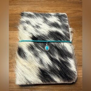 A6 Black and white hair on hide leather Fur Journal with Turquoise Charm